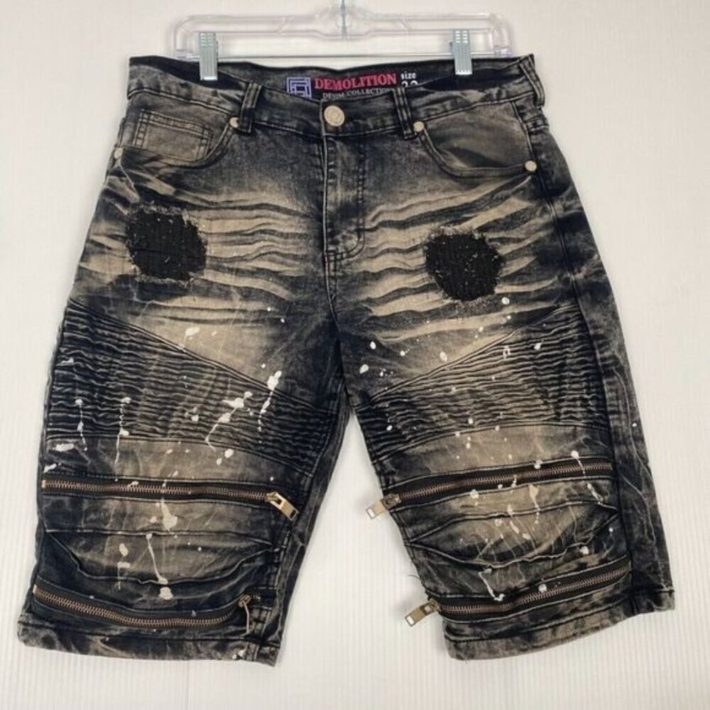 Demolition Men Jeans shorts Hip Ho Size 32 Distressed Black Patches emboss Y2K